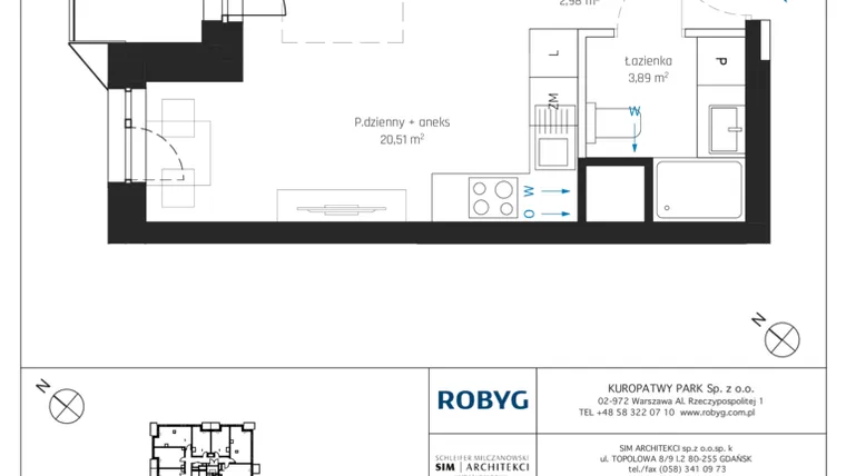 Rzut - Mieszkanie na sprzedaż 1 pokój o powierzchni 27,34 m² - numer A1/2M12 w Sky Point - Apartamenty Inwestycyjne