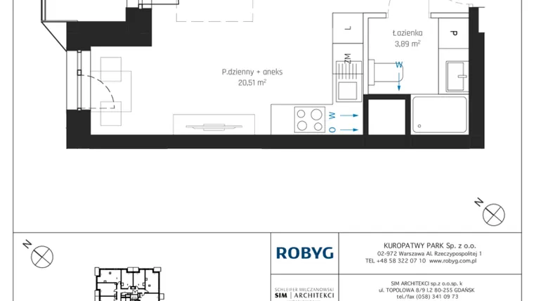 Rzut - Mieszkanie na sprzedaż 1 pokój o powierzchni 27,34 m² - numer A1/3M12 w Sky Point - Apartamenty Inwestycyjne