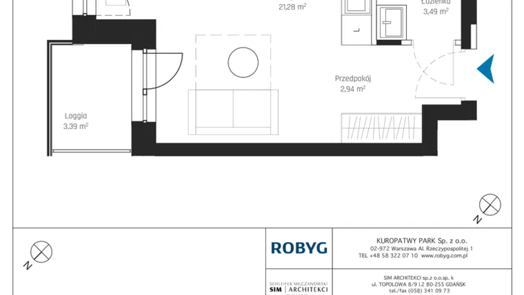 Rzut - Mieszkanie na sprzedaż 1 pokój o powierzchni 27,7 m² - numer A2/3M05 w Sky Point - Apartamenty Inwestycyjne