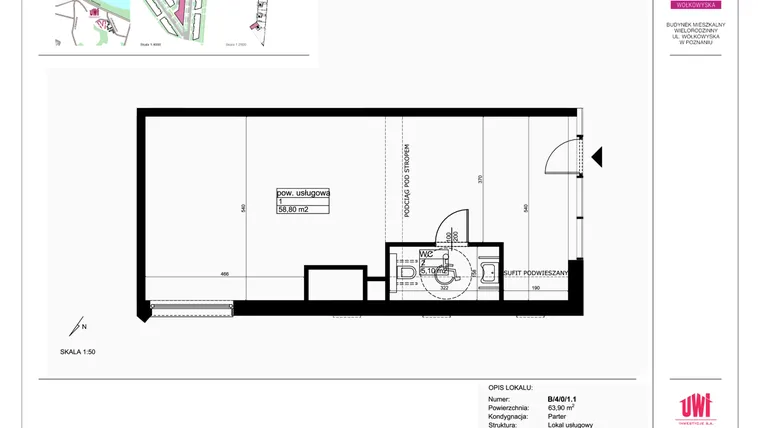 Rzut - Lokal użytkowy na sprzedaż 1 pokój o powierzchni 63,9 m² - numer B/4/0/1.1 w Malta Wołkowyska etap III