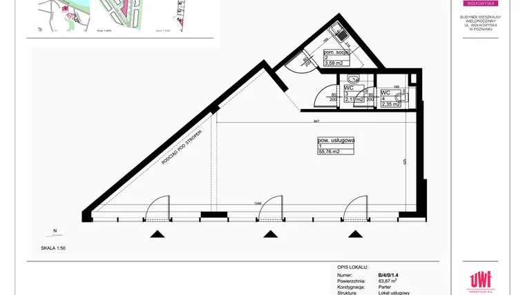 Rzut - Lokal użytkowy na sprzedaż 1 pokój o powierzchni 63,87 m² - numer B/4/0/1.4 w Malta Wołkowyska etap III