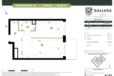Rzut - Mieszkanie na sprzedaż 2 pokoje o powierzchni 44,29 m² - numer 3 w Gallusa Osiedle