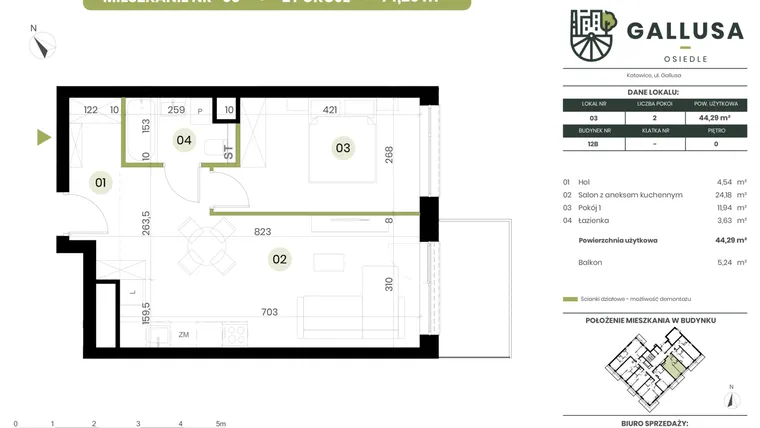 Rzut - Mieszkanie na sprzedaż 2 pokoje o powierzchni 44,29 m² - numer 3 w Gallusa Osiedle