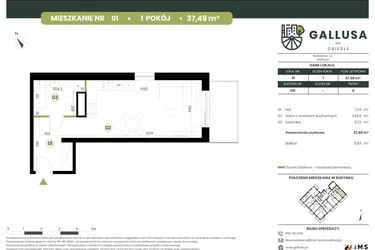 Rzut - Mieszkanie na sprzedaż 1 pokój o powierzchni 37,49 m² - numer 1 w Gallusa Osiedle