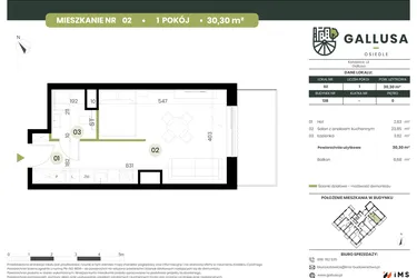 Rzut - Mieszkanie na sprzedaż 1 pokój o powierzchni 30,3 m² - numer 2 w Gallusa Osiedle
