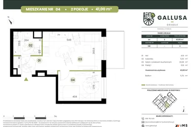 Rzut - Mieszkanie na sprzedaż 2 pokoje o powierzchni 41 m² - numer 4 w Gallusa Osiedle