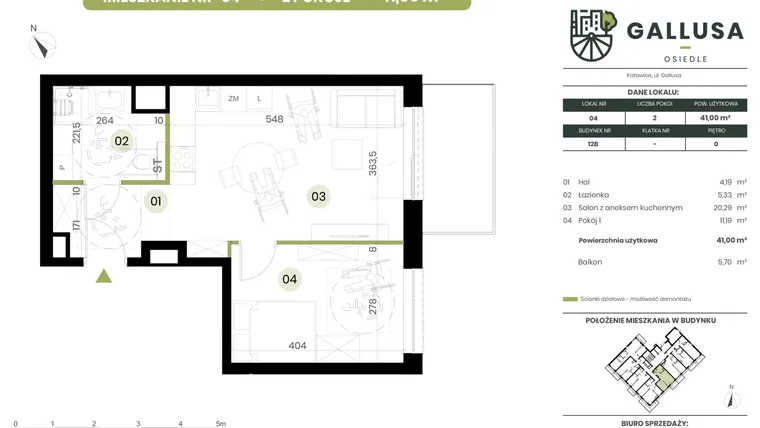 Rzut - Mieszkanie na sprzedaż 2 pokoje o powierzchni 41 m² - numer 4 w Gallusa Osiedle