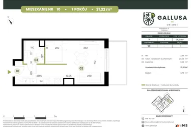 Rzut - Mieszkanie na sprzedaż 1 pokój o powierzchni 31,32 m² - numer 10 w Gallusa Osiedle