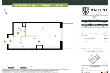 Rzut - Mieszkanie na sprzedaż 1 pokój o powierzchni 31,32 m² - numer 50 w Gallusa Osiedle