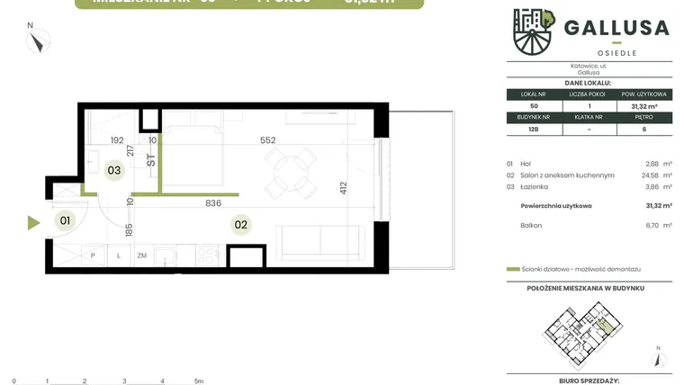Rzut - Mieszkanie na sprzedaż 1 pokój o powierzchni 31,32 m² - numer 50 w Gallusa Osiedle