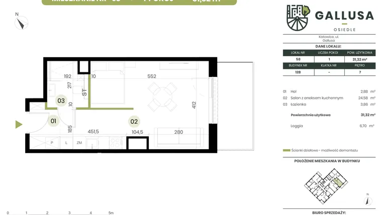Rzut - Mieszkanie na sprzedaż 1 pokój o powierzchni 31,32 m² - numer 58 w Gallusa Osiedle