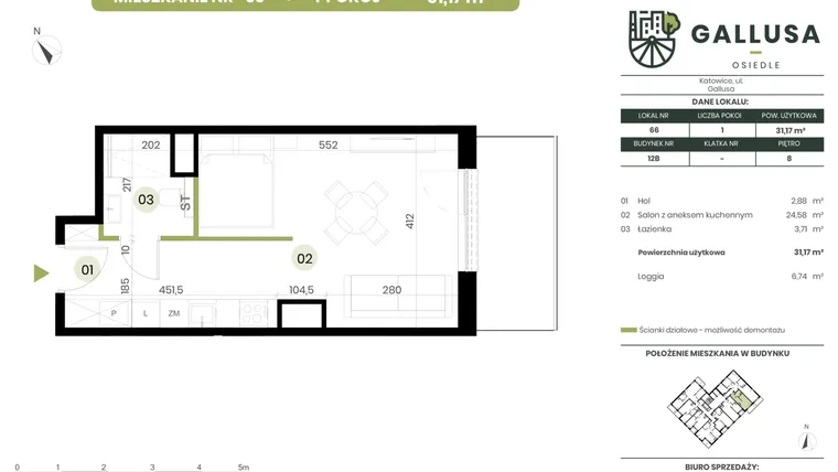 Rzut - Mieszkanie na sprzedaż 1 pokój o powierzchni 31,17 m² - numer 66 w Gallusa Osiedle