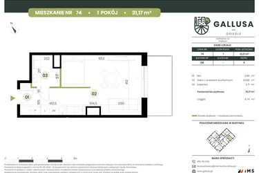 Rzut - Mieszkanie na sprzedaż 1 pokój o powierzchni 31,17 m² - numer 74 w Gallusa Osiedle