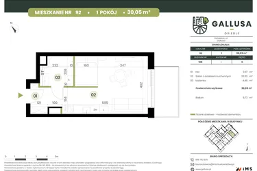 Rzut - Mieszkanie na sprzedaż 1 pokój o powierzchni 30,05 m² - numer 92 w Gallusa Osiedle