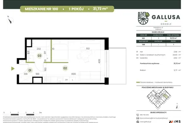 Rzut - Mieszkanie na sprzedaż 1 pokój o powierzchni 31,72 m² - numer 100 w Gallusa Osiedle