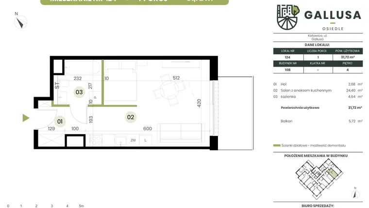 Rzut - Mieszkanie na sprzedaż 1 pokój o powierzchni 31,72 m² - numer 124 w Gallusa Osiedle