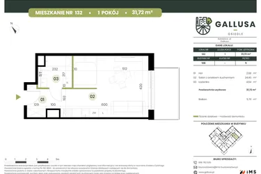 Rzut - Mieszkanie na sprzedaż 1 pokój o powierzchni 31,72 m² - numer 132 w Gallusa Osiedle