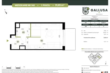 Rzut - Mieszkanie na sprzedaż 1 pokój o powierzchni 31,65 m² - numer 140 w Gallusa Osiedle