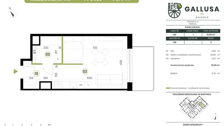Rzut - Mieszkanie na sprzedaż 1 pokój o powierzchni 31,65 m² - numer 140 w Gallusa Osiedle