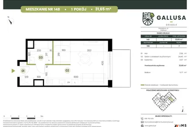 Rzut - Mieszkanie na sprzedaż 1 pokój o powierzchni 31,65 m² - numer 148 w Gallusa Osiedle