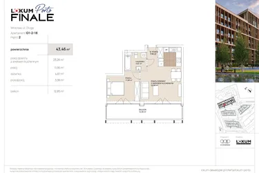 Rzut - Mieszkanie na sprzedaż 2 pokoje o powierzchni 43,46 m² - numer G1-2-18 w Lokum Porto Finale