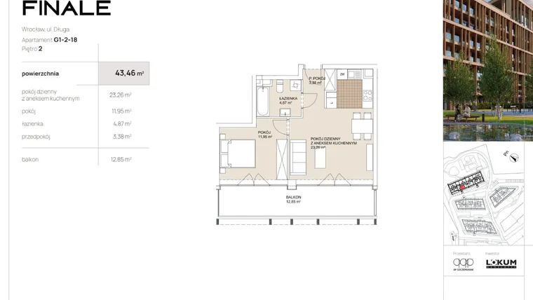 Rzut - Mieszkanie na sprzedaż 2 pokoje o powierzchni 43,46 m² - numer G1-2-18 w Lokum Porto Finale