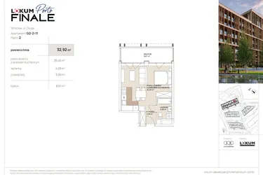 Rzut - Mieszkanie na sprzedaż 1 pokój o powierzchni 32,92 m² - numer G2-2-11 w Lokum Porto Finale