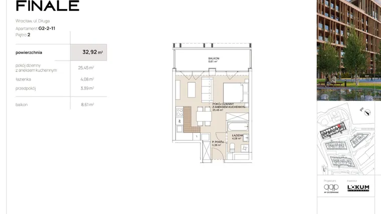 Rzut - Mieszkanie na sprzedaż 1 pokój o powierzchni 32,92 m² - numer G2-2-11 w Lokum Porto Finale