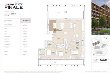 Rzut - Mieszkanie na sprzedaż 4 pokoje o powierzchni 143,92 m² - numer G1-3-21 w Lokum Porto Finale