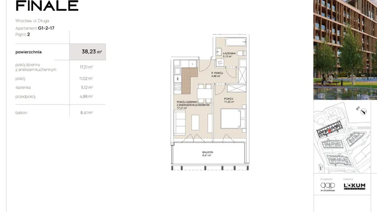 Rzut - Mieszkanie na sprzedaż 2 pokoje o powierzchni 38,23 m² - numer G1-2-17 w Lokum Porto Finale
