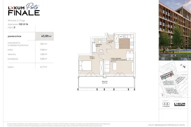 Rzut - Mieszkanie na sprzedaż 2 pokoje o powierzchni 43,89 m² - numer G2-2-14 w Lokum Porto Finale