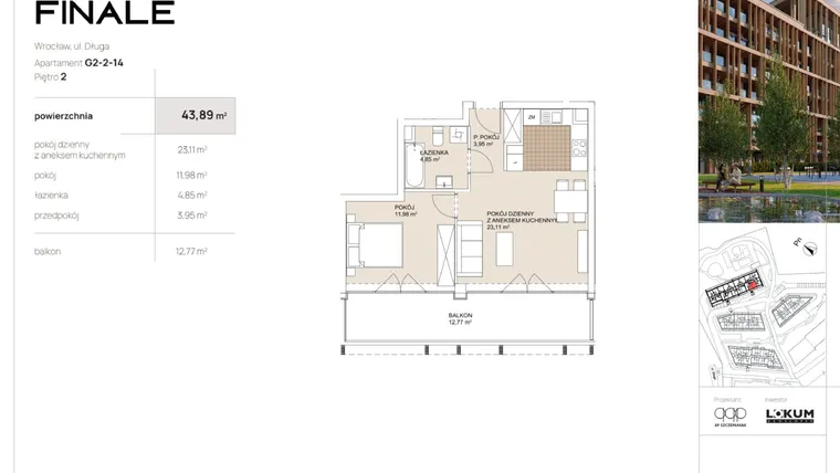 Rzut - Mieszkanie na sprzedaż 2 pokoje o powierzchni 43,89 m² - numer G2-2-14 w Lokum Porto Finale