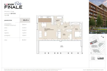 Rzut - Mieszkanie na sprzedaż 3 pokoje o powierzchni 66,47 m² - numer G1-3-19 w Lokum Porto Finale