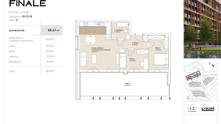 Rzut - Mieszkanie na sprzedaż 3 pokoje o powierzchni 66,47 m² - numer G1-3-19 w Lokum Porto Finale