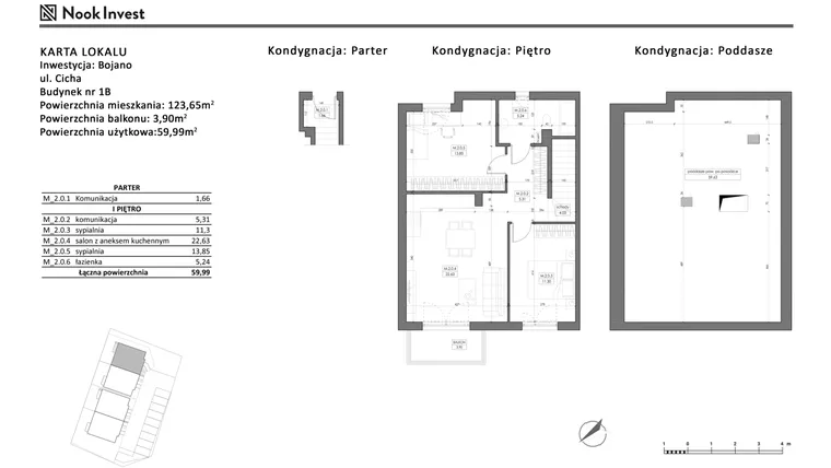 Rzut - Mieszkanie na sprzedaż 4 pokoje o powierzchni 59,99 m² - numer 1B w Bojano, ul. Cicha