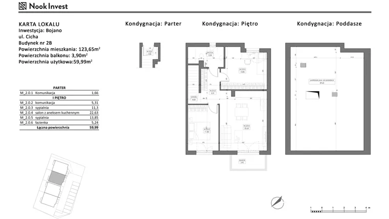 Rzut - Mieszkanie na sprzedaż 4 pokoje o powierzchni 59,99 m² - numer 2B w Bojano, ul. Cicha