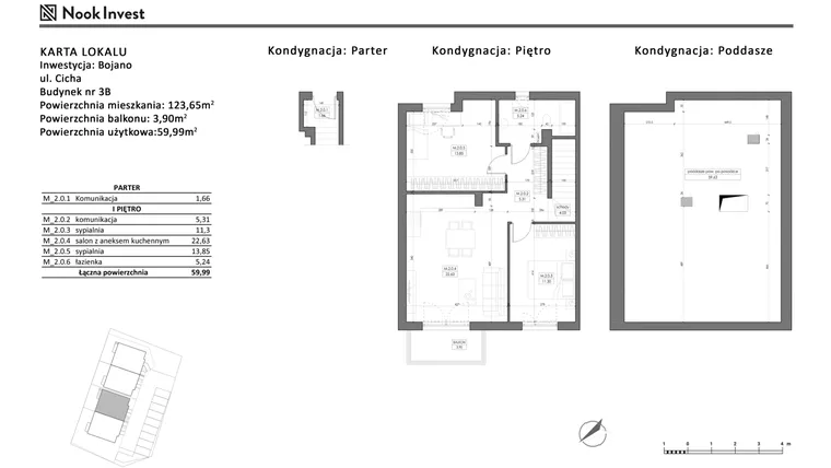 Rzut - Mieszkanie na sprzedaż 4 pokoje o powierzchni 59,99 m² - numer 3B w Bojano, ul. Cicha