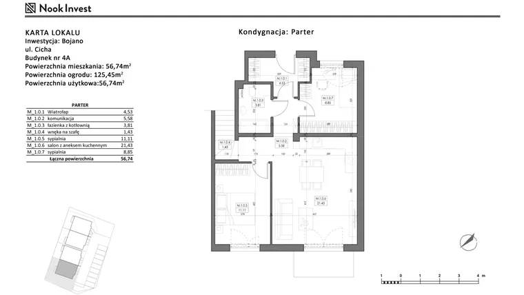 Rzut - Mieszkanie na sprzedaż 3 pokoje o powierzchni 56,74 m² - numer 4A w Bojano, ul. Cicha