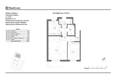 Rzut - Mieszkanie na sprzedaż 3 pokoje o powierzchni 56,74 m² - numer 1A w Bojano, ul. Cicha