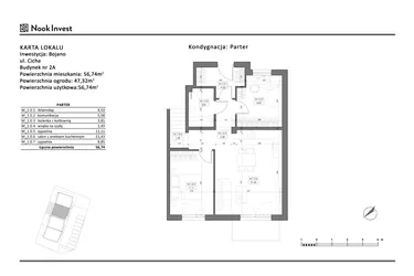 Rzut - Mieszkanie na sprzedaż 3 pokoje o powierzchni 56,74 m² - numer 2A w Bojano, ul. Cicha