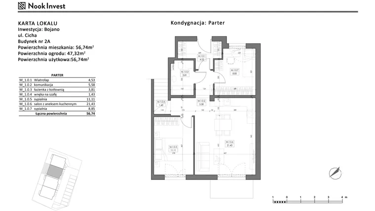 Rzut - Mieszkanie na sprzedaż 3 pokoje o powierzchni 56,74 m² - numer 2A w Bojano, ul. Cicha