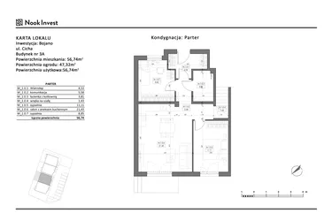 Rzut - Mieszkanie na sprzedaż 3 pokoje o powierzchni 56,74 m² - numer 3A w Bojano, ul. Cicha