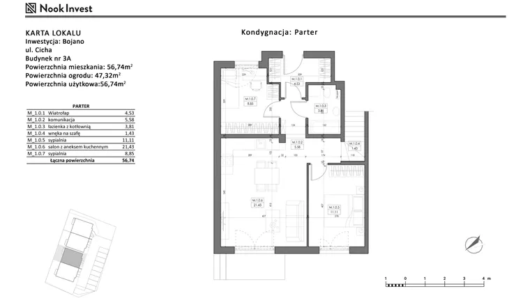 Rzut - Mieszkanie na sprzedaż 3 pokoje o powierzchni 56,74 m² - numer 3A w Bojano, ul. Cicha