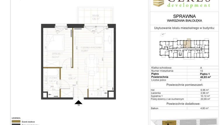 Rzut - Mieszkanie na sprzedaż 2 pokoje o powierzchni 42,03 m² - numer A15 w Osiedle Sprawna
