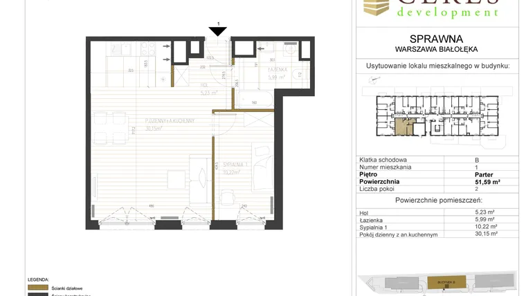 Rzut - Mieszkanie na sprzedaż 2 pokoje o powierzchni 51,59 m² - numer B1 w Osiedle Sprawna