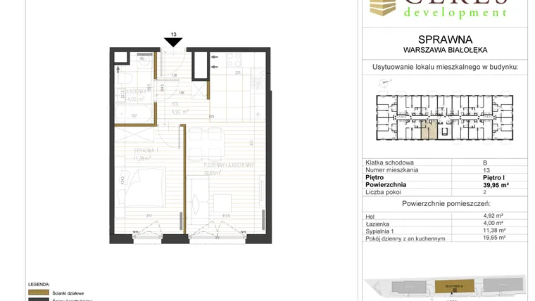 Rzut - Mieszkanie na sprzedaż 2 pokoje o powierzchni 39,95 m² - numer B13 w Osiedle Sprawna
