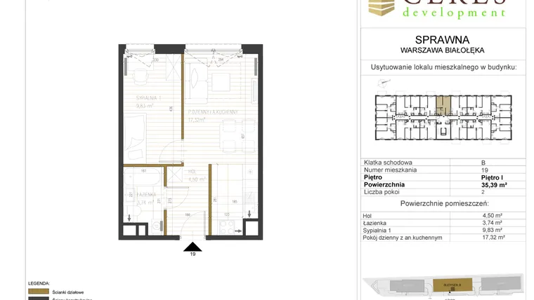 Rzut - Mieszkanie na sprzedaż 2 pokoje o powierzchni 35,39 m² - numer B19 w Osiedle Sprawna