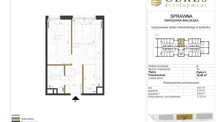 Rzut - Mieszkanie na sprzedaż 2 pokoje o powierzchni 35,4 m² - numer B30 w Osiedle Sprawna