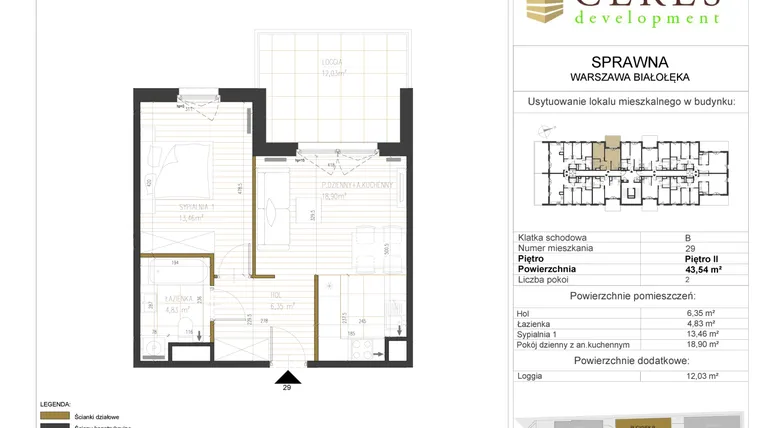 Rzut - Mieszkanie na sprzedaż 2 pokoje o powierzchni 43,54 m² - numer B29 w Osiedle Sprawna