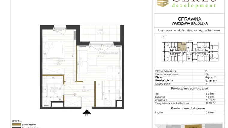 Rzut - Mieszkanie na sprzedaż 2 pokoje o powierzchni 43,54 m² - numer B38 w Osiedle Sprawna
